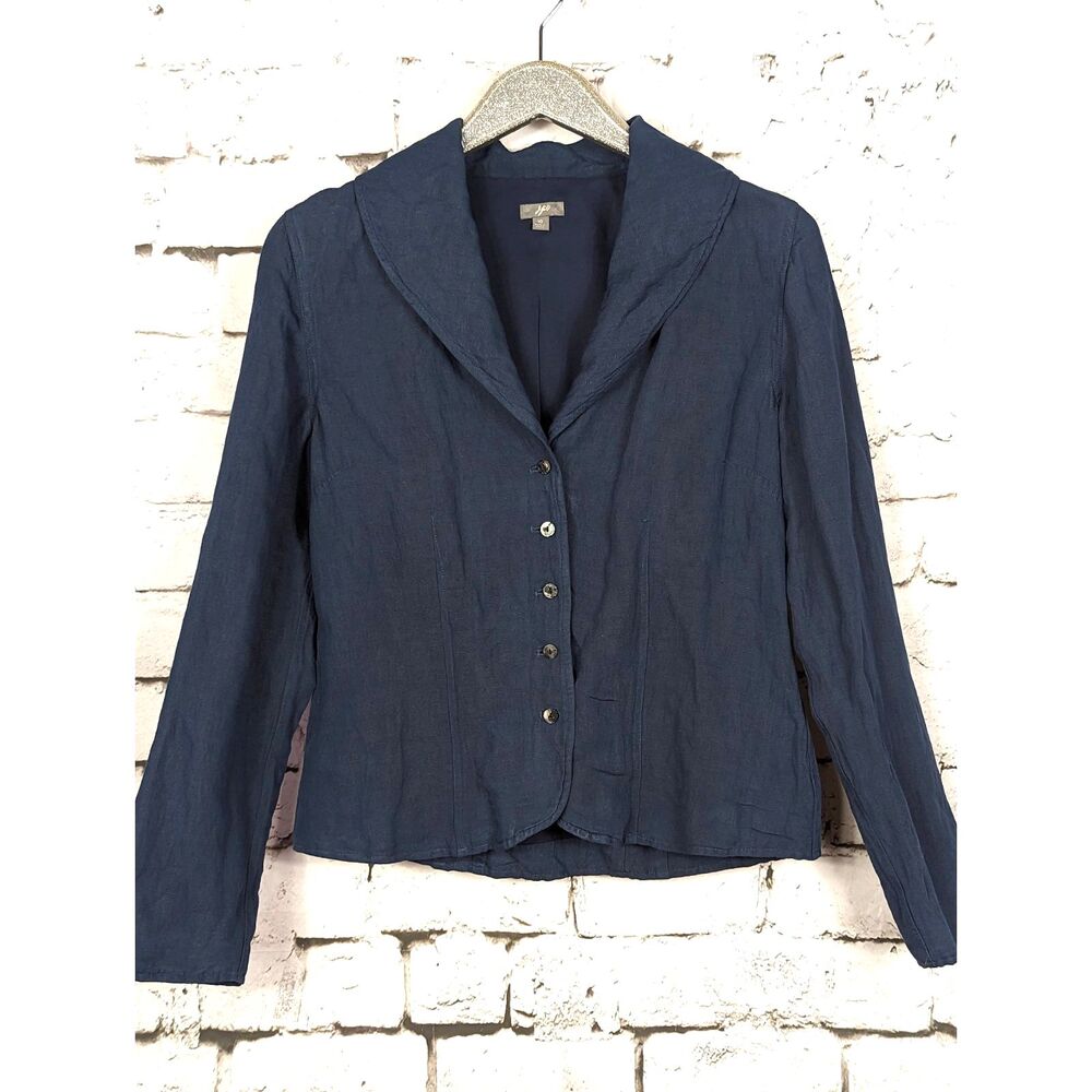 J. JILL Lagenlook Crinkle Linen-Blend Shawl Collar Lined Blazer Navy Blue Sz 10
